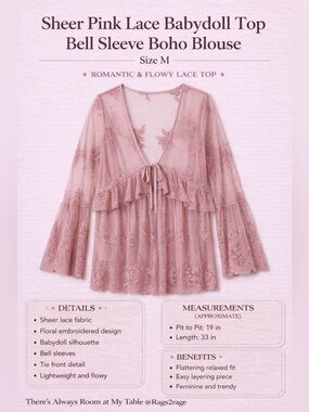 Sheer Pink Lace Babydoll Top Bell Sleeve Boho Blouse Medium